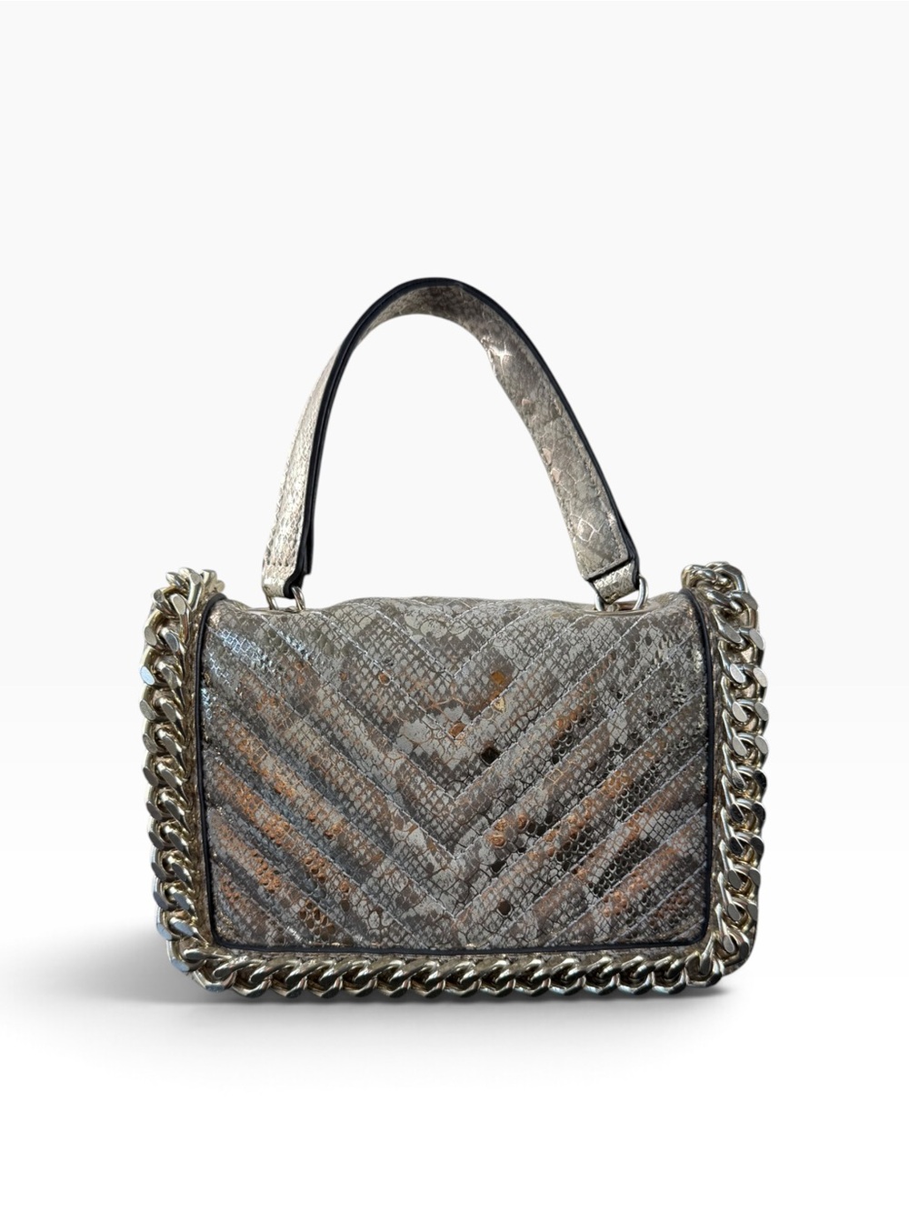 ALDO Metallic Silver Python-Pattern Top-Handle Bag with Chain Trim - Picture 2 of 11